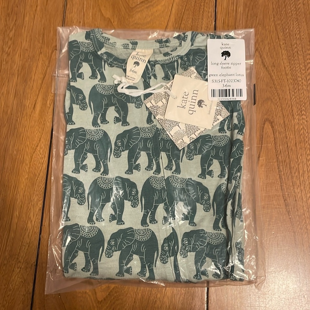 Kate Quinn Zipper Footie Green Elephant Lotus NWT NIB Super Soft Modal